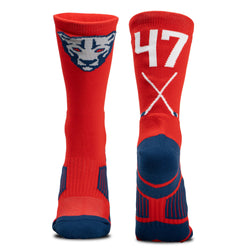Red and blue socks with a logo and number '47' on a white background