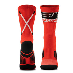 Red socks with black and white accents on a white background