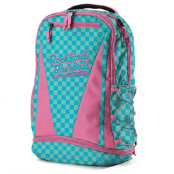 Teal and pink checkered backpack with 'Rockford Baseball' text on a white background