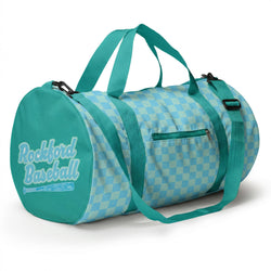 Teal duffel bag with checkered pattern and 'Rockford Baseball' text on a white background