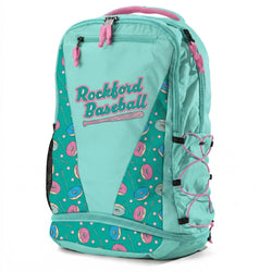 Teal backpack with donut pattern and 'Rockford Baseball' text on a white background