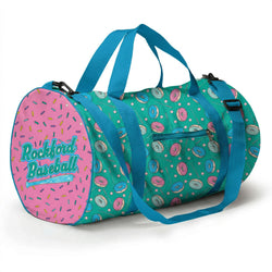 Duffle bag with donut pattern and 'Rockford Baseball' text on a white background