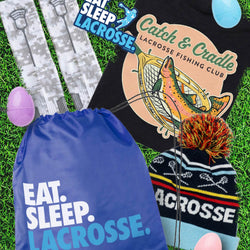 Lacrosse-themed products including a bag, socks, and fishing club shirt on grass.