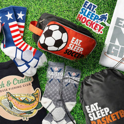 Sports-themed Easter basket fillers featuring socks, t-shirts, toiletry bag, stickers, and drawstring bag.