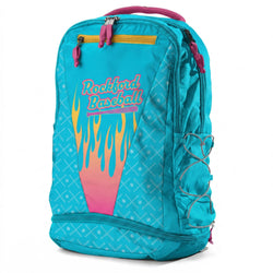 Turquoise backpack with 'Rockford Baseball' design on a white background