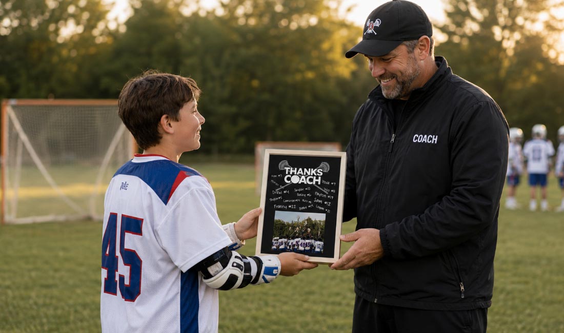 A man wearing a black 'COACH' jacket and cap shakes hands with a young boy in a white, blue, and red jersey who is holding a framed 'THANKS COACH' plaque on an outdoor sports field at sunset