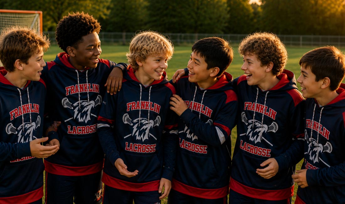 Five young boys huddle together on a sports field wearing matching Franklin Lacrosse hoodies