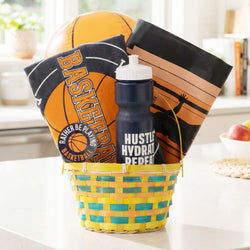 Basketball gift basket featuring a t-shirt, water bottle, and an inflatable ball.