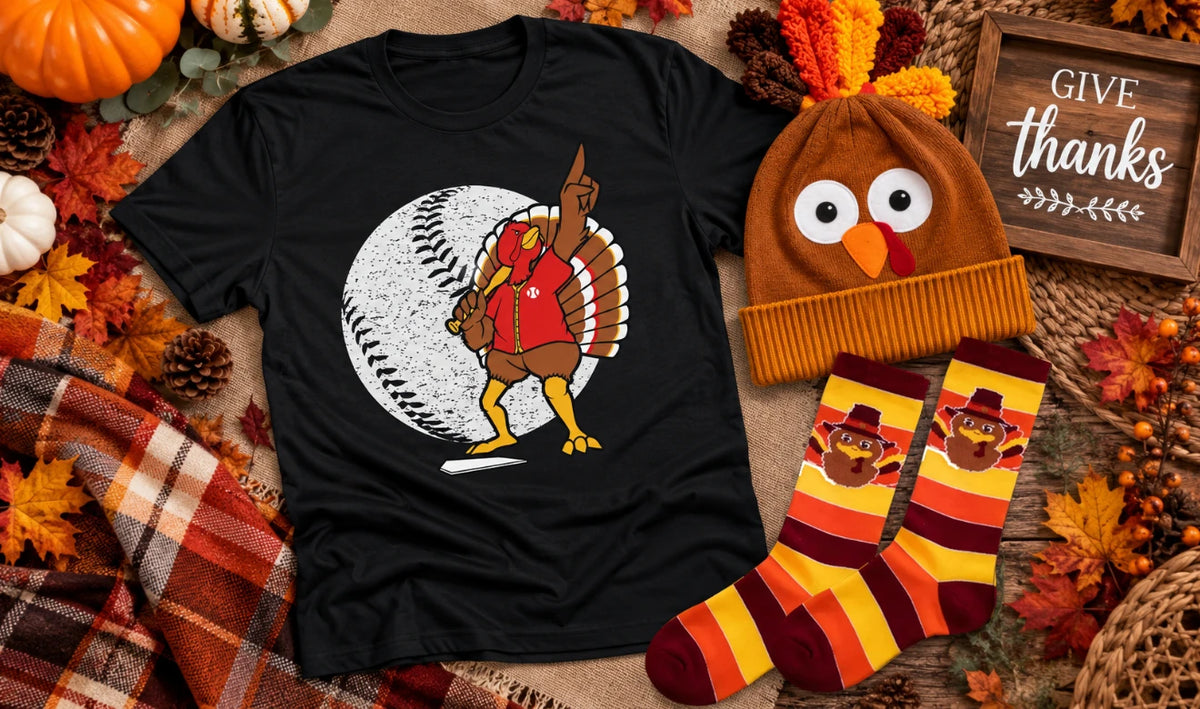 A flat-lay of a black graphic t-shirt featuring a cartoon turkey on a baseball, styled with autumn decorations including a turkey-themed beanie, striped socks, a plaid scarf, pumpkins, and a 'GIVE thanks' sign