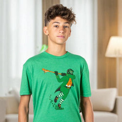 Youth wearing green lacrosse t-shirt featuring a leprechaun in a green suit playing lacrosse with a clover trail.