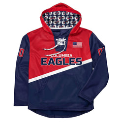 Navy and red hoodie with 'Columbia Eagles' branding on a white background