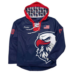 Navy blue hoodie with red lining, eagle logo, and American flag on a white background