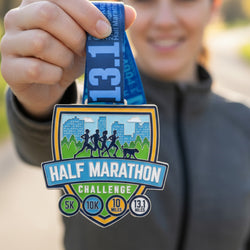 Half Marathon Challenge virtual race medal featuring runners, a city skyline, and 5K, 10K, and 13.1 distance charms.