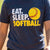 Girl wearing navy softball t-shirt featuring Eat Sleep Softball slogan and yellow softball graphic.