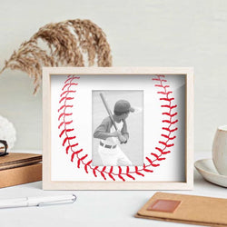Wooden baseball picture frame featuring a red stitching border design holding a player photo.