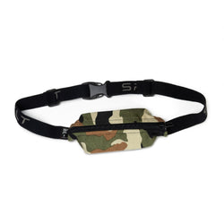 Camouflage waist bag with a black strap on a white background