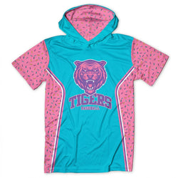 Teal and pink hoodie with tiger logo and 'Tigers Baseball' text on a white background