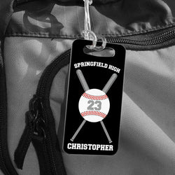 Custom baseball bag tag featuring crossed bats graphic and personalized text for team, name, and number.