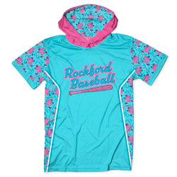 Turquoise hoodie with pink inner lining and 'Rockford Baseball' text on a white background