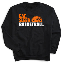 Black sweatshirt with 'Eat. Sleep. Basketball.' text and basketball graphic on a white background