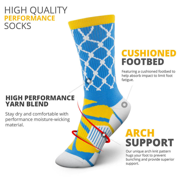 Basketball Woven Mid-Calf Socks - Hoop and Ball (Blue/Yellow)