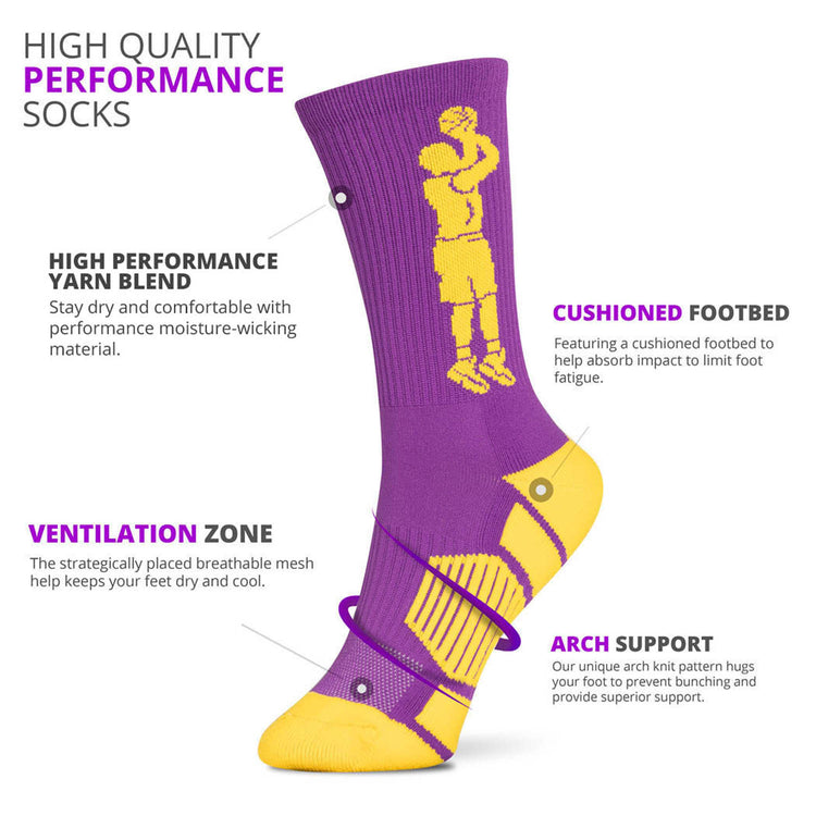 Basketball Woven Mid-Calf Socks - Player Jump Shot (Purple/Gold)