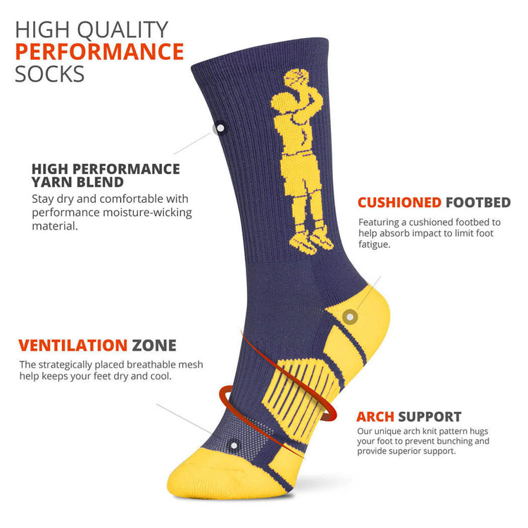 Basketball Woven Mid-Calf Socks - Player Jump shot (Navy/Maize)