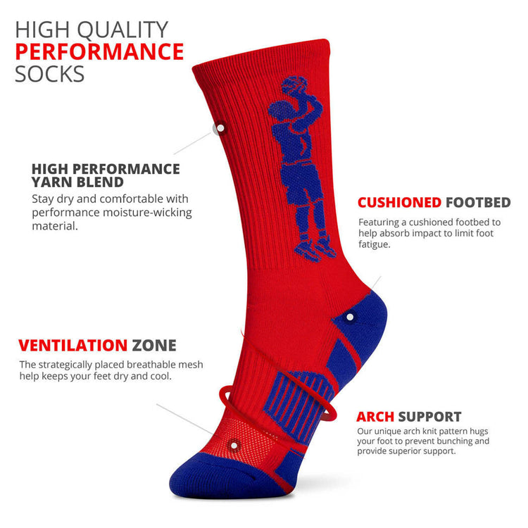 Basketball Woven Mid-Calf Socks - Player Jump Shot (Red/Royal)