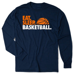 Navy blue long-sleeve shirt with 'Eat. Sleep. Basketball.' text and basketball graphic on a white background