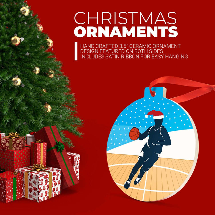 Basketball Round Ceramic Ornament - Guy Silhouette with Santa Hat