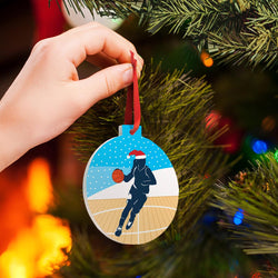 Basketball Round Ceramic Ornament - Girl Silhouette with Santa Hat