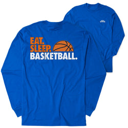 Royal blue long-sleeve shirt with 'Eat. Sleep. Basketball.' text and basketball graphic on a white background