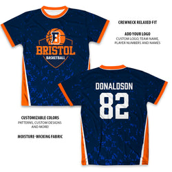 Blue and orange basketball custom tee with 'Bristol Basketball' branding on a white background