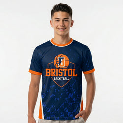 Person wearing a blue and orange 'Bristol Basketball' custom shirt on a white background