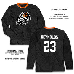 Black long-sleeve shirt with customizable design options on a white background