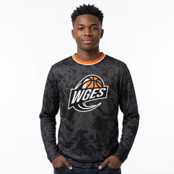 Person wearing a black long-sleeve shirt with a logo on a white background