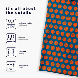 Fabric with basketball pattern and text about fabric features on a white background