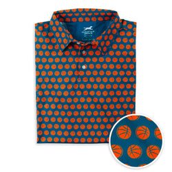 Blue polo shirt with orange basketball pattern on a white background