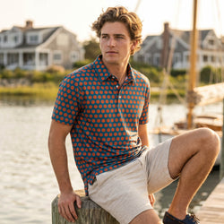 Teen wearing a basketball patterned polo shirt at a pier