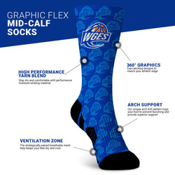Blue sock with brand logo on a white background with text detailing sock features.