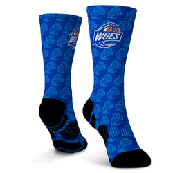 Blue socks with a logo and text pattern on a white background