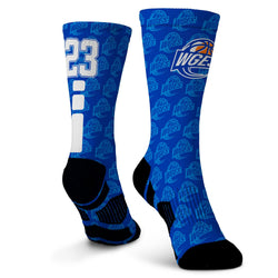 Blue socks with a pattern and number 23 on a white background