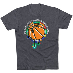 Charcoal t-shirt with a colorful basketball graphic and text on a white background