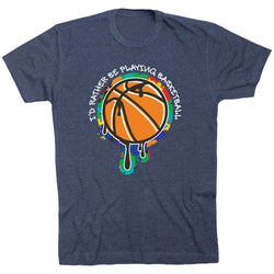 Navy blue t-shirt with a colorful basketball graphic and text on a white background