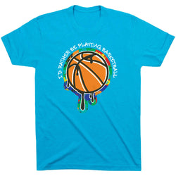 Turquoise t-shirt with a basketball graphic and text on a white background
