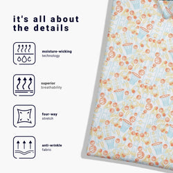 Text detailing fabric features with a patterned basketball fabric on a white background