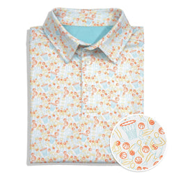 Polo shirt with basketball-themed pattern on a white background