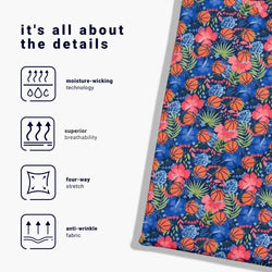 Polo with tropical basketball pattern and text highlighting fabric features on a white background