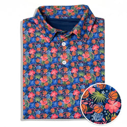 Floral and basketball patterned shirt on a white background