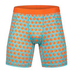 Spandex shorts with basketball pattern on a blue background